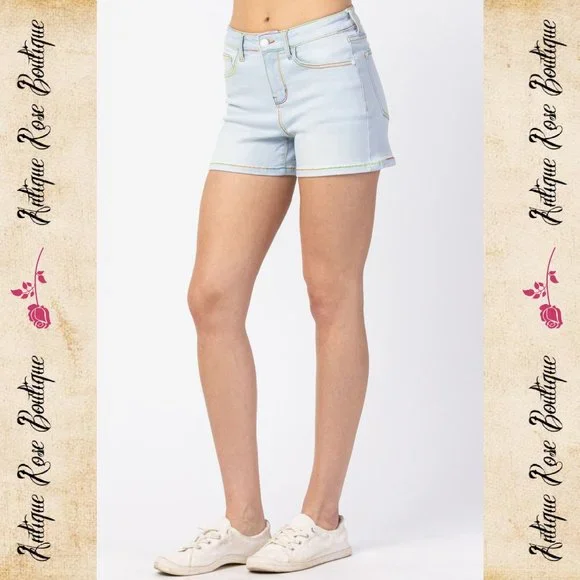 🌹 Judy Blue Rainbow Thread Mid Rise Shorts - Picture 2 of 11